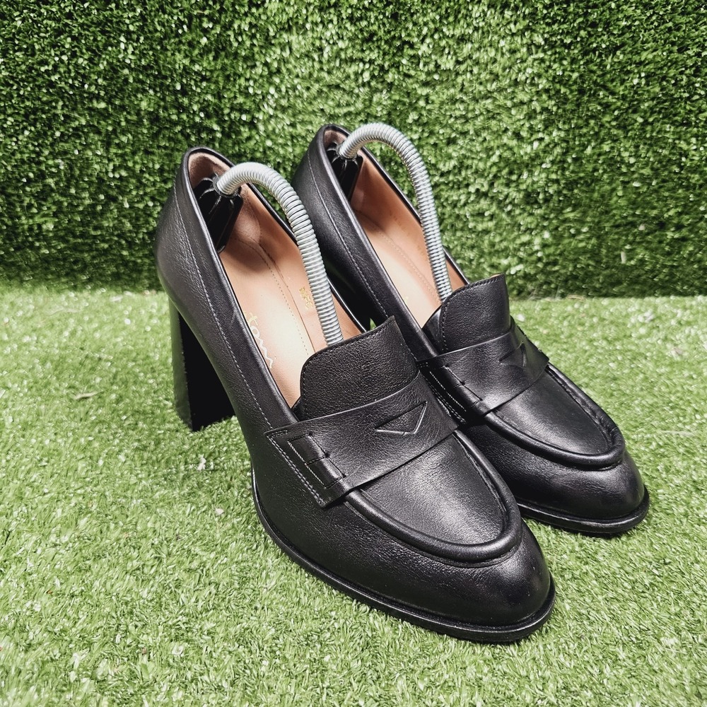 Santoni Fewest Pumps Black Leather Block Heels‎ Womens Size US 8 Euro 38